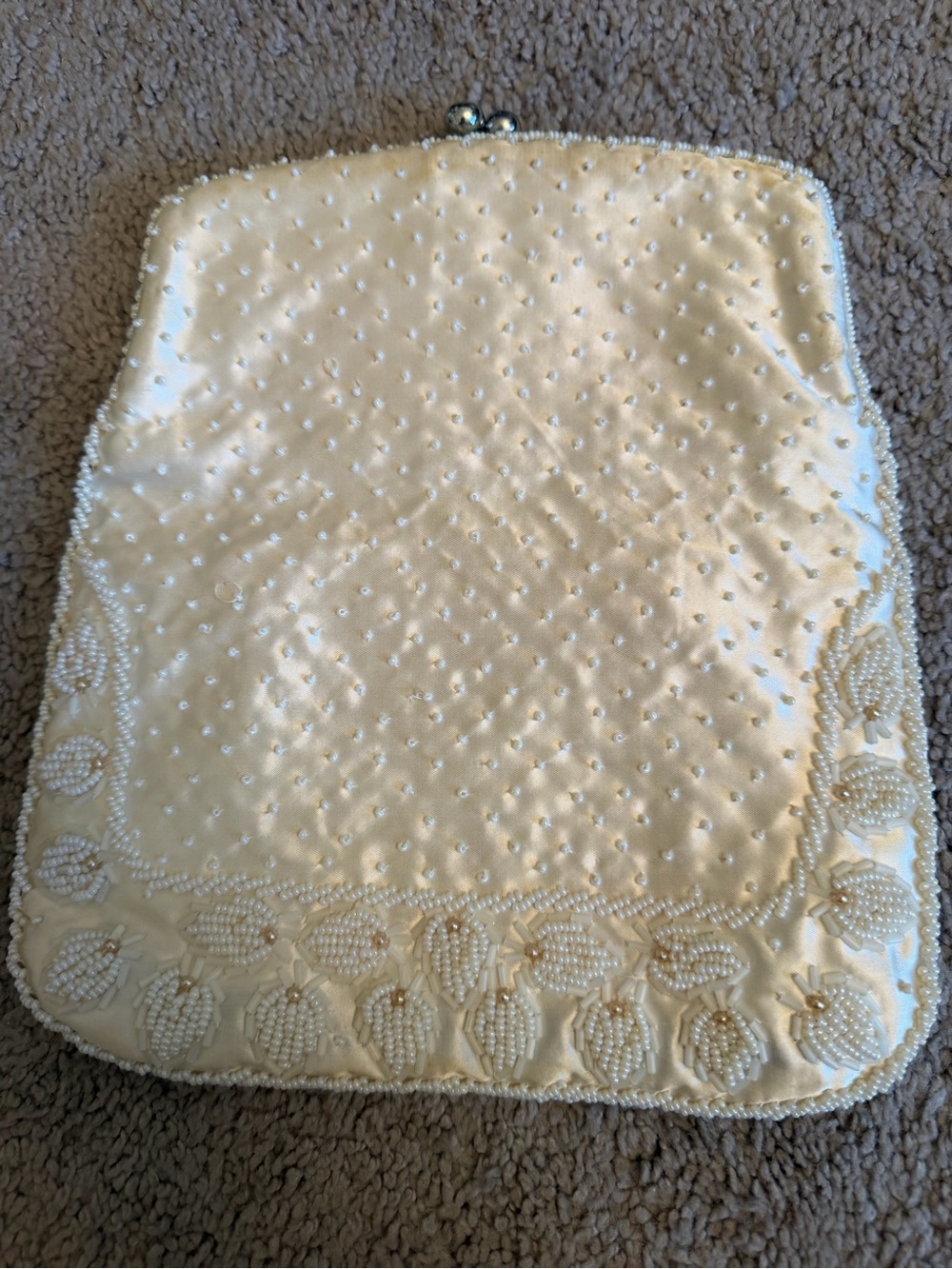 Vintage White Beaded Evening Clutch Pearl Embellished Bag 1950’s Satin Lining - Picture 3 of 8